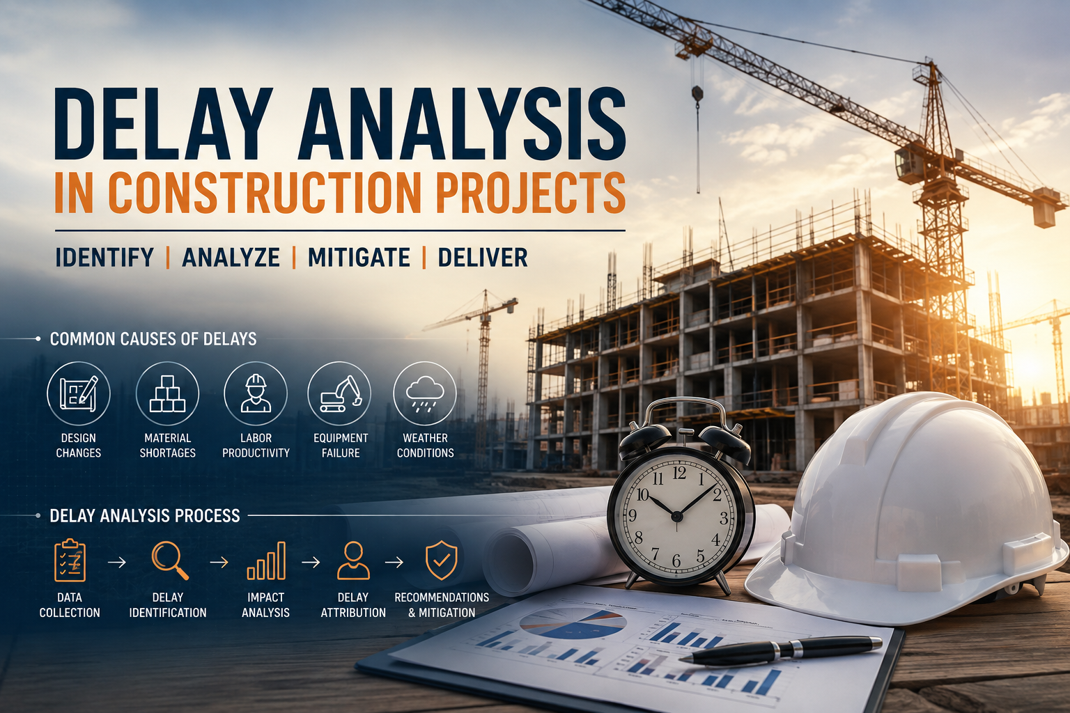 Construction delay analysis feature image: a sunlit tower under construction with cranes, a hardhat, an alarm clock and progress charts on site drawings, overlaid with the common causes of delay and the five-step delay analysis process.