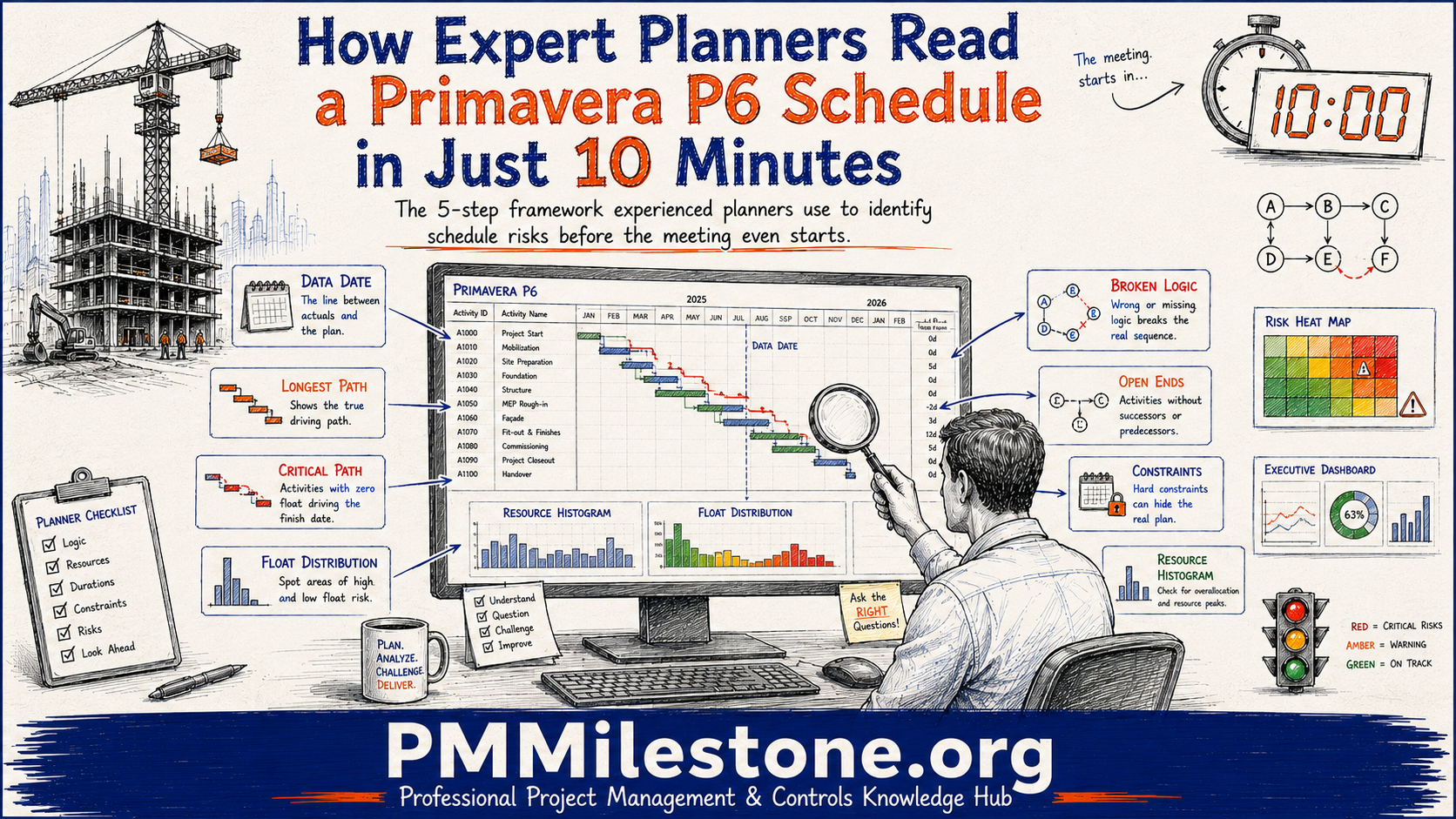 Hand-drawn field-notebook infographic titled 'How Expert Planners Read a Primavera P6 Schedule in Just 10 Minutes' showing a construction site with a tower crane, a stopwatch counting down 10:00, a Primavera P6 Gantt chart with a data date line and a magnifying glass, plus call-outs for data date, longest path, critical path, float distribution, broken logic, open ends, constraints, resource histogram, risk heat map and an executive dashboard.