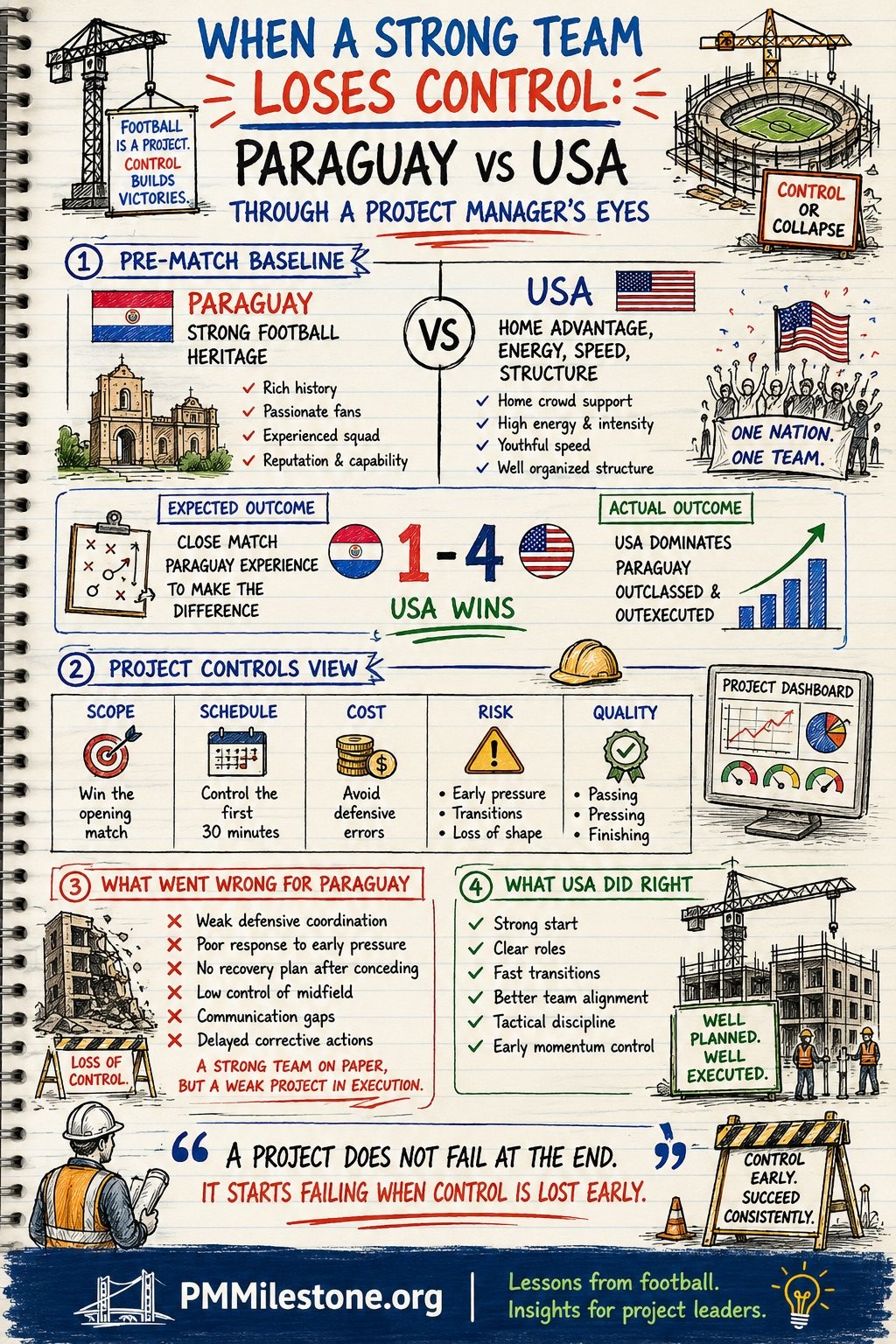 When a Strong Team Loses Control — Paraguay vs USA project controls infographic with scoreline and dashboard overlays.