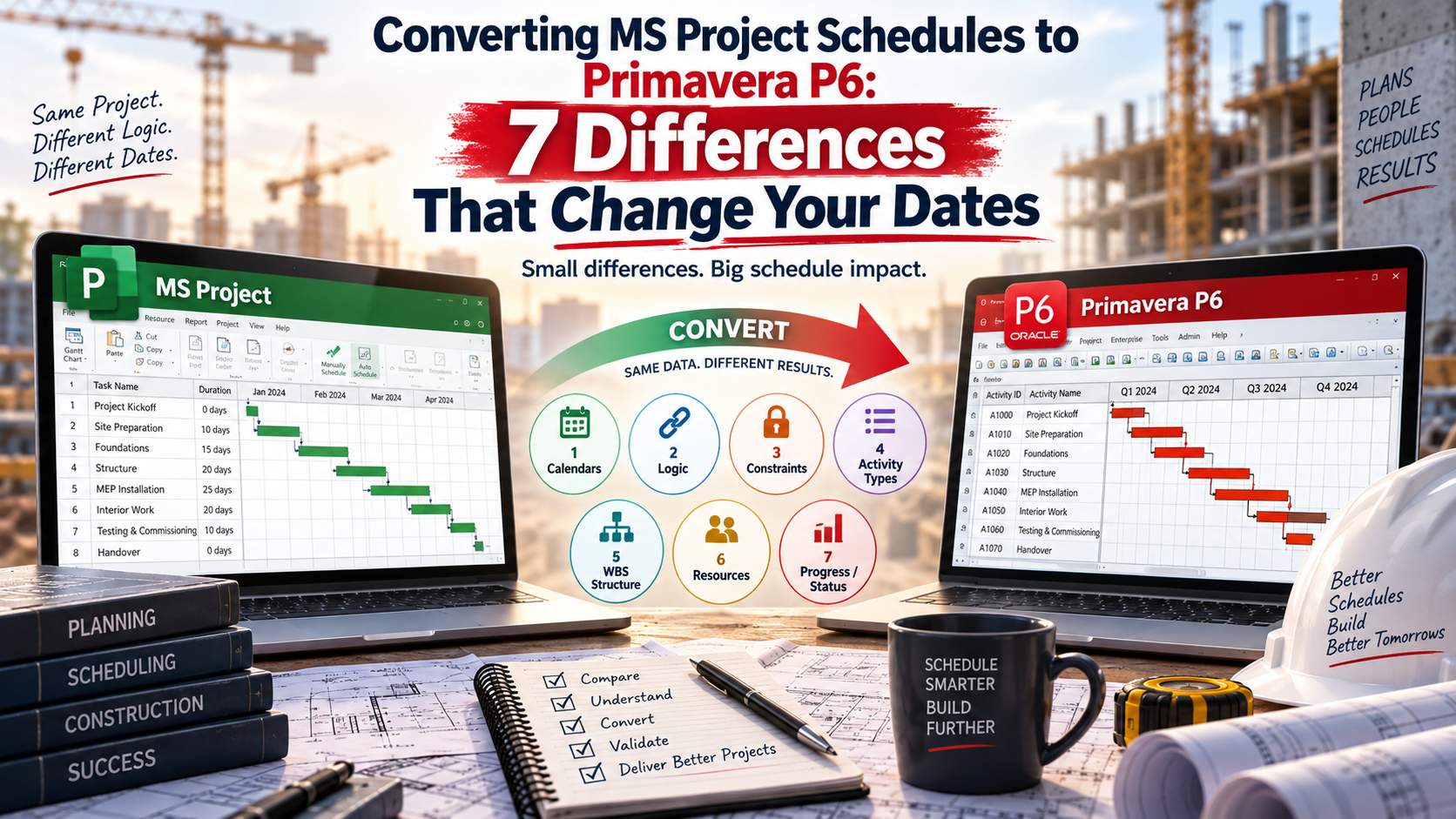 Converting MS Project Schedules to Primavera P6 feature image: two laptops on a construction site table, one showing a Microsoft Project Gantt chart and one showing the same schedule in Primavera P6, joined by an arrow labelled Convert, with seven numbered icons for calendars, logic, constraints, activity types, WBS structure, resources and progress, against tower cranes and a stack of planning and scheduling books.