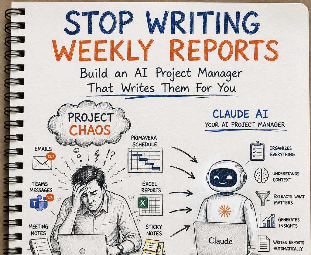Hand-drawn field-notebook infographic titled 'Stop Writing Weekly Reports — Build an AI Project Manager That Writes Them For You' showing a stressed planner surrounded by emails, Teams messages, Primavera schedules, Excel reports, meeting notes and sticky notes flowing into Claude AI, which organises everything, understands context, extracts what matters, generates insights and writes reports automatically.