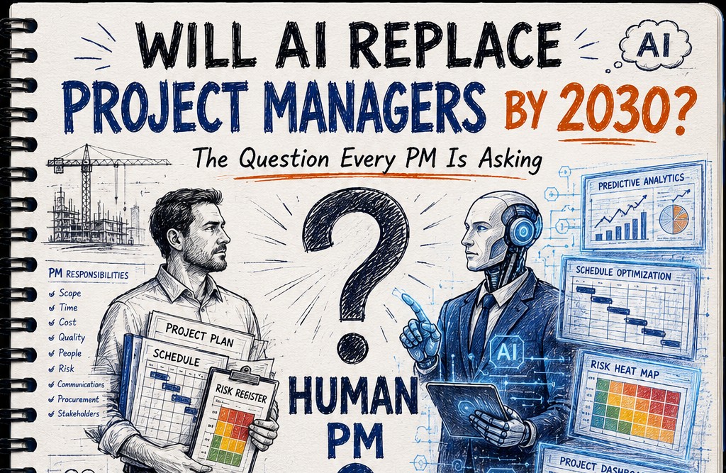 Conceptual illustration for 'Will AI replace project managers by 2030?' — a human project manager and an AI co-pilot working side by side over a project dashboard, symbolising the human-plus-AI future of project management.