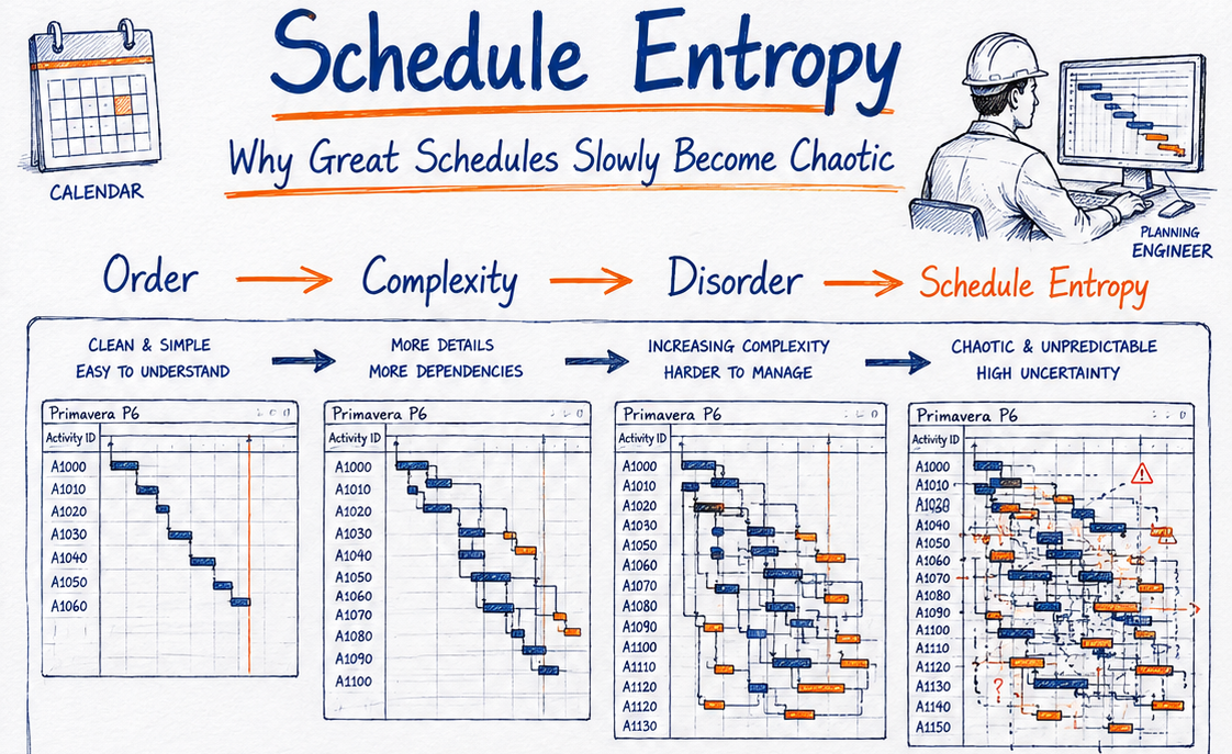 Hand-drawn field-notebook infographic titled 'Schedule Entropy — Why Great Schedules Slowly Become Chaotic' showing the progression from Order through Complexity and Disorder to full Schedule Entropy across four Primavera P6 Gantt charts, with icons of a calendar and a planning engineer at a workstation.