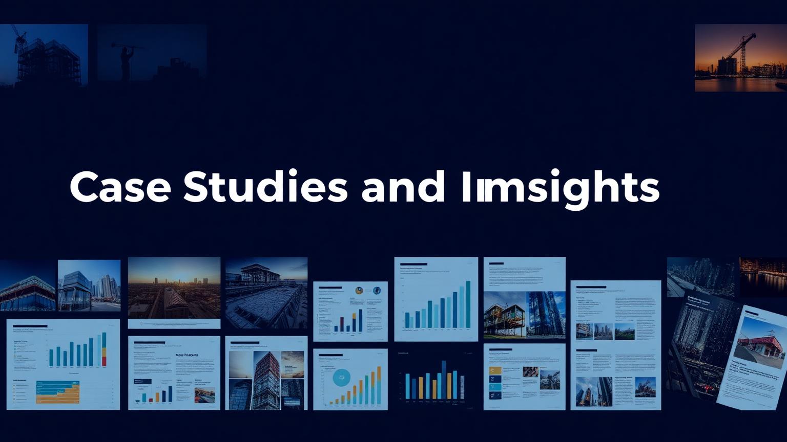 Dark navy collage of construction project photos and editorial layouts