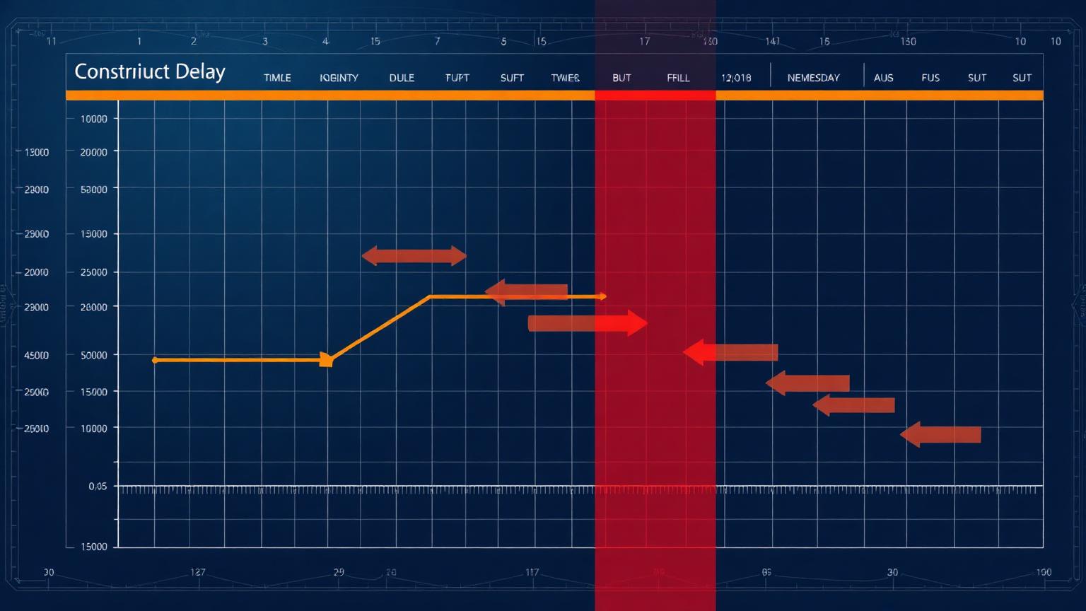 Dark navy timeline graphic showing a delayed construction schedule with critical path impact bands