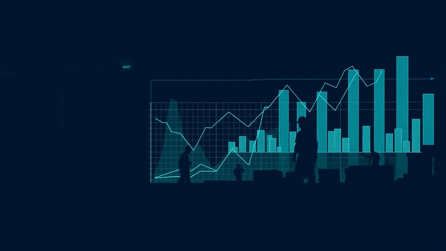 Construction productivity charts overlaid on worksite silhouettes