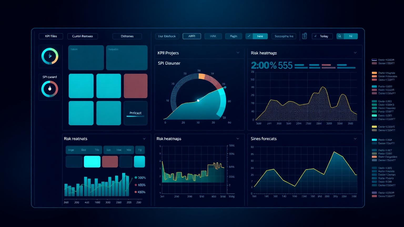 Dark navy executive project controls dashboard with KPI tiles, S-curve and risk heatmap