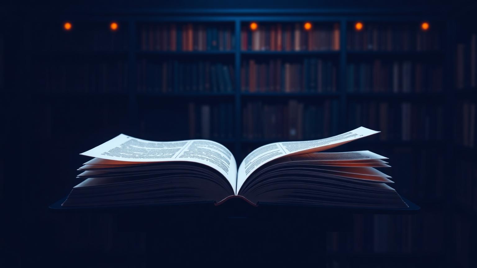 Open glowing editorial book in a dark navy library