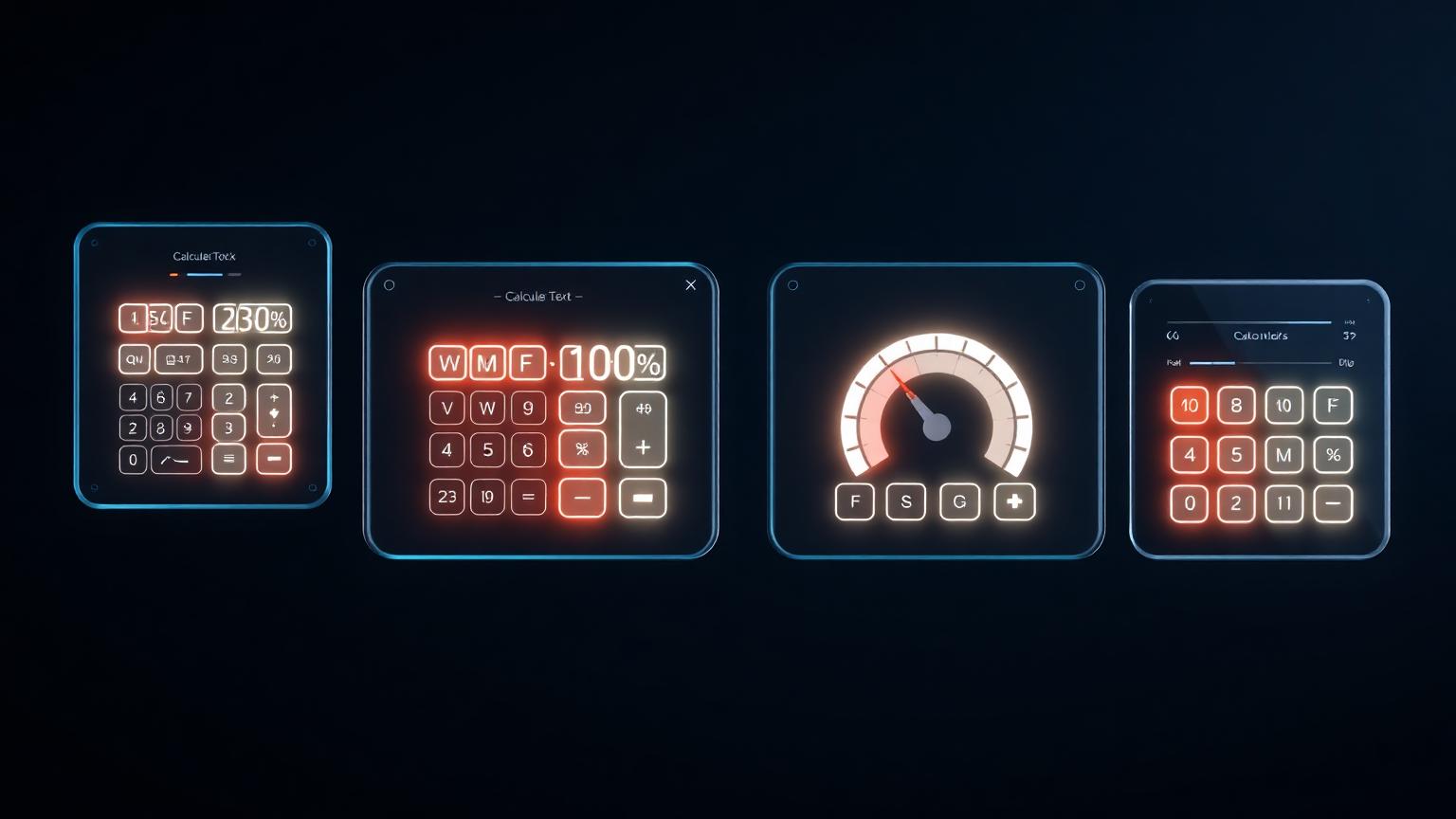 Dark navy floating glass calculator cards with glowing inputs