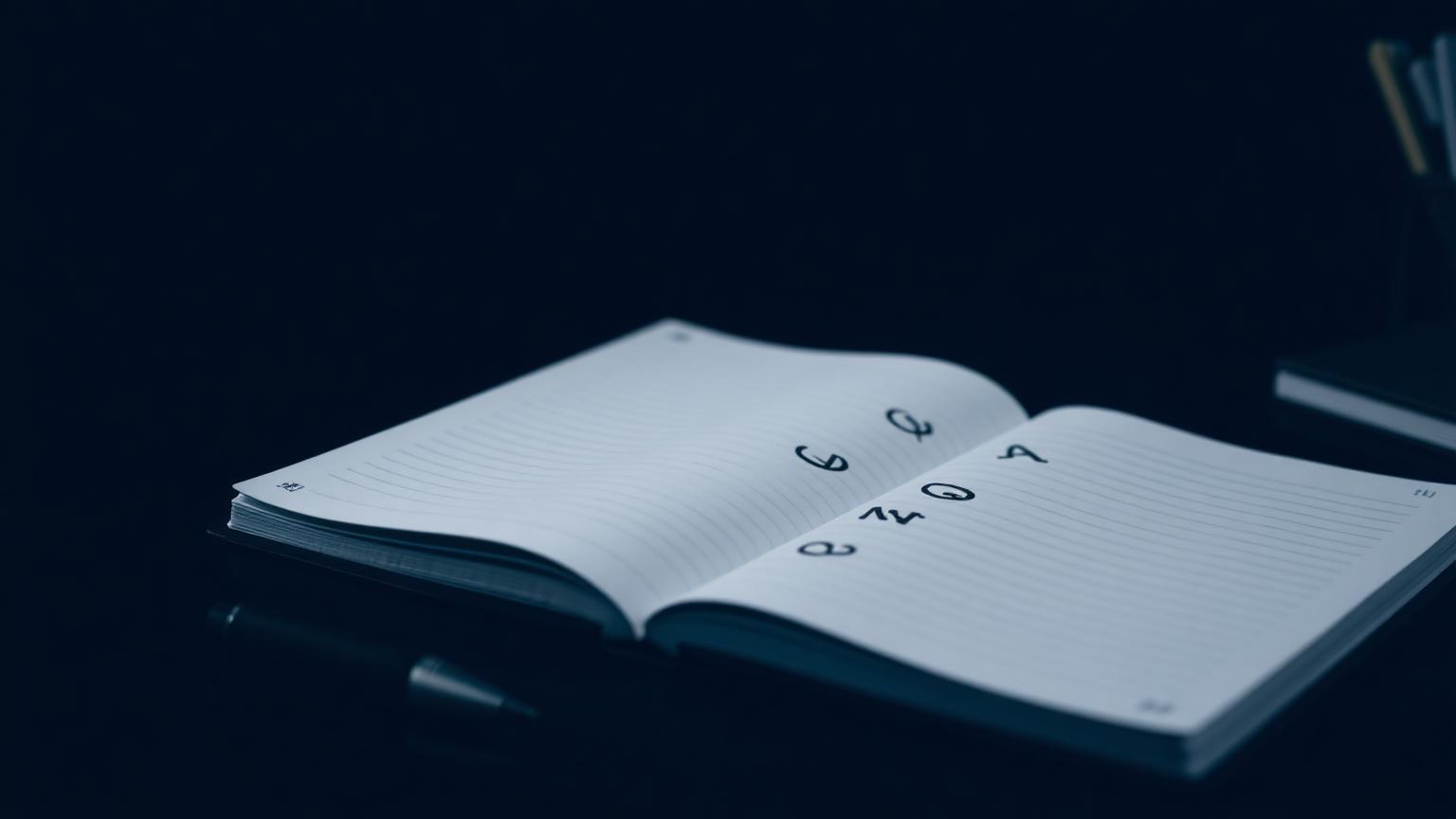 Open notebook with question marks under soft blue light