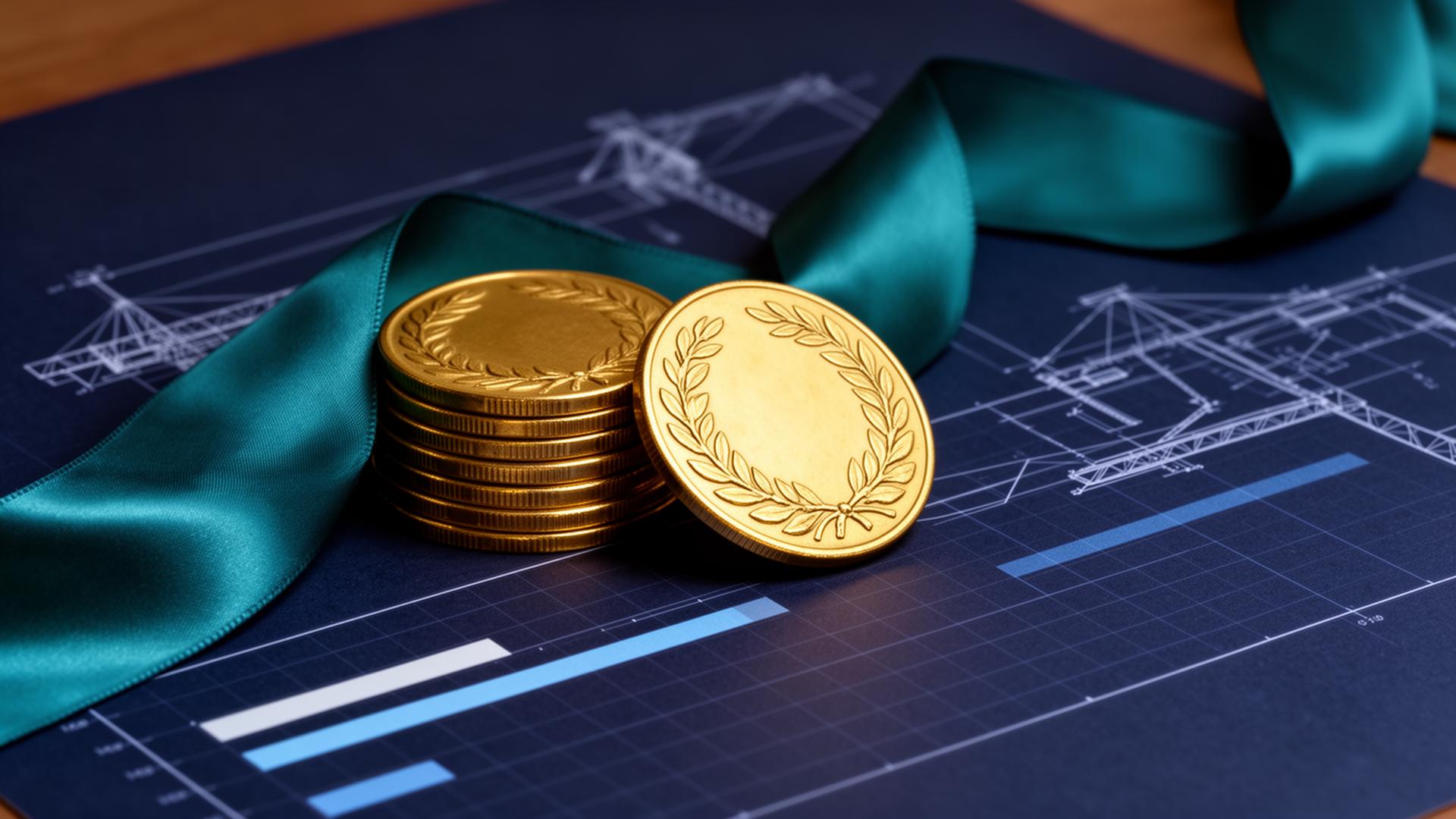 Stack of golden laurel-wreath medallions on a deep navy blueprint with a teal silk ribbon and faint gantt-chart bars, symbolizing project controls professional certifications for 2026.