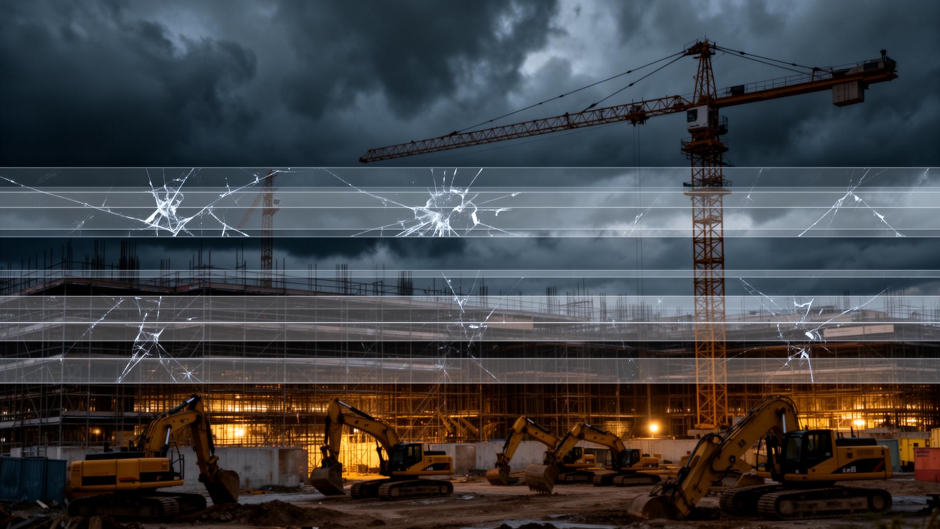 Dusk construction site with tower cranes, scaffolding and idle excavators under a stormy sky, overlaid with translucent fractured horizontal bars symbolizing a broken project schedule used in delay analysis and EOT claims.