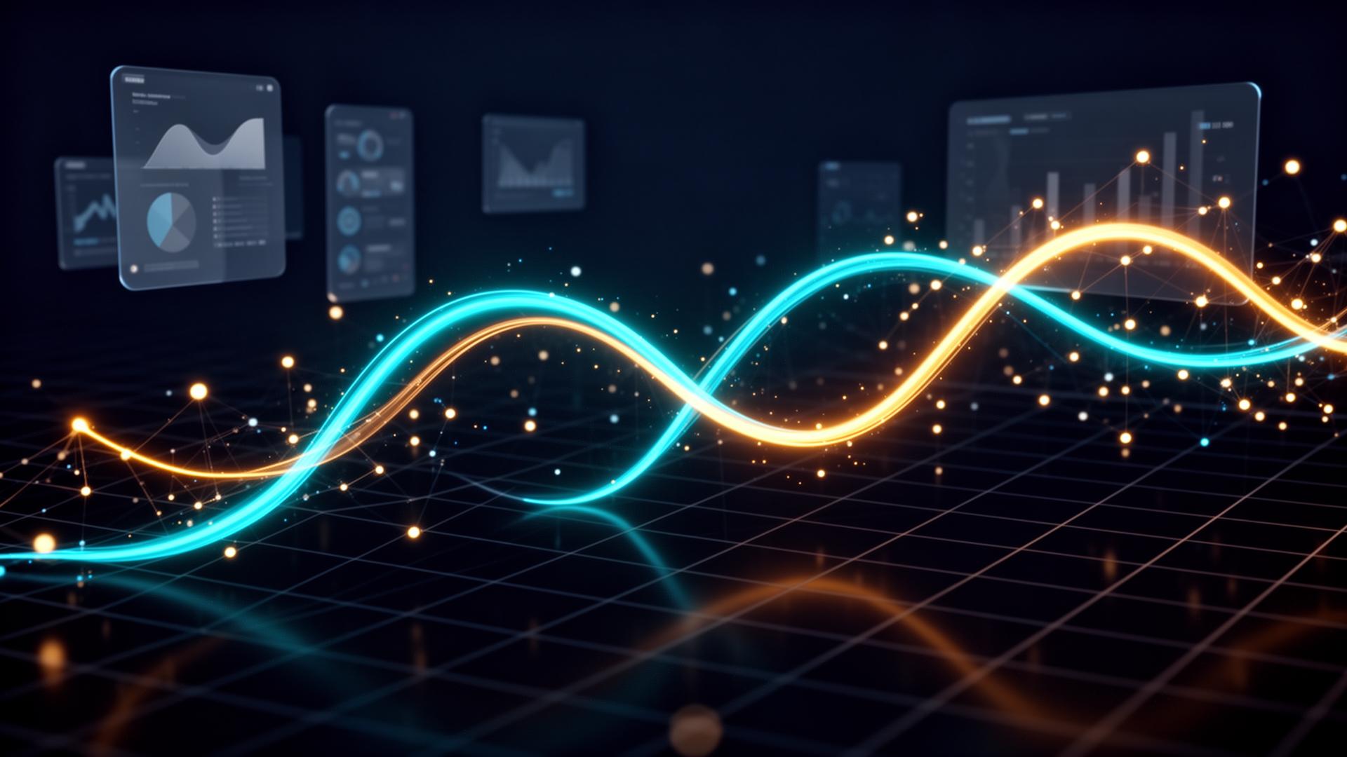 Abstract visualization of two intersecting S-curves rising across a dark grid with glowing data nodes and translucent dashboard panels, representing Earned Value Management cost and schedule performance.