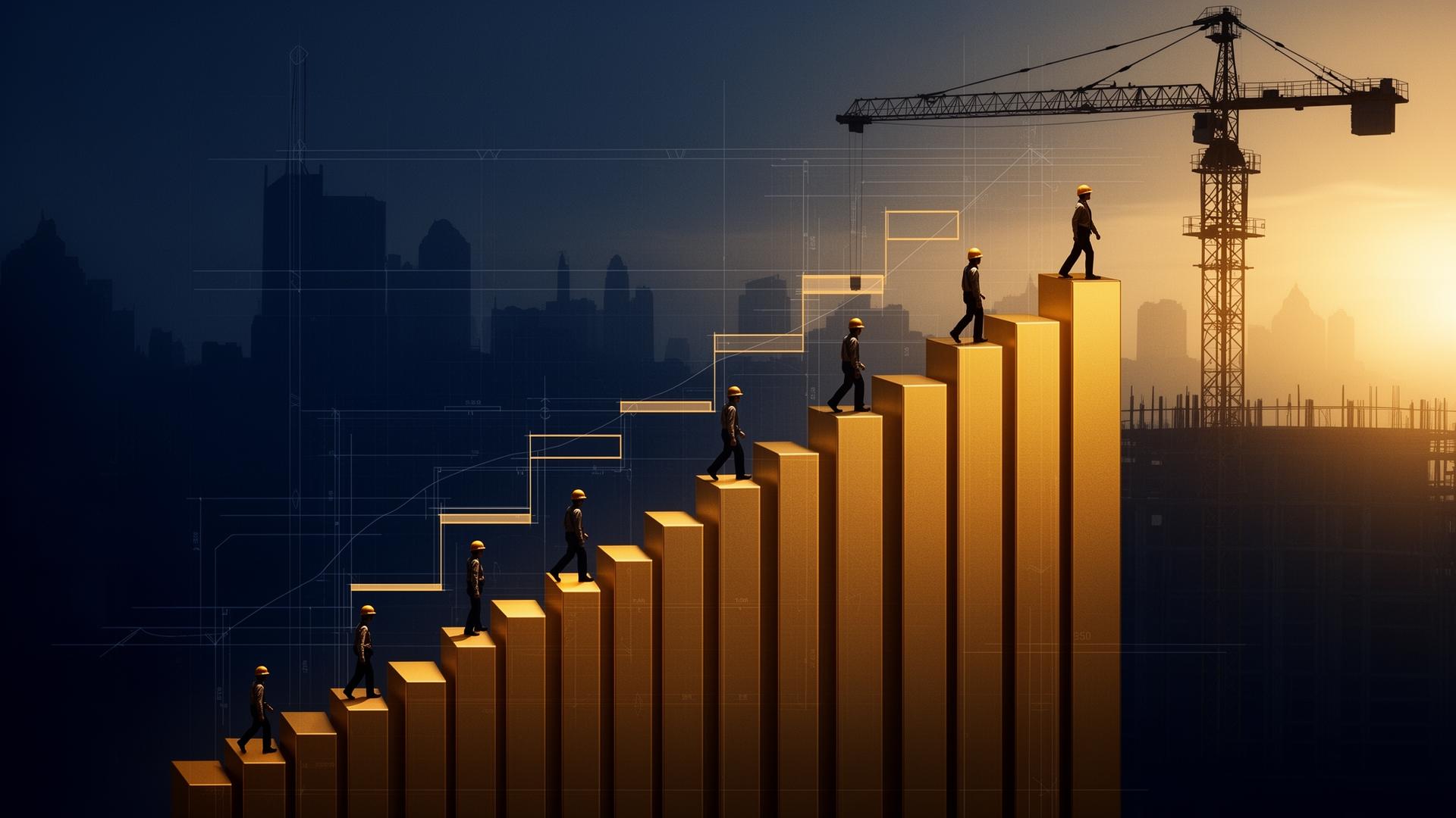 Silhouetted figures in hard hats climbing an ascending staircase formed from golden gantt-chart bars against a navy sky with construction cranes, representing the career path from planning engineer to project controls director.